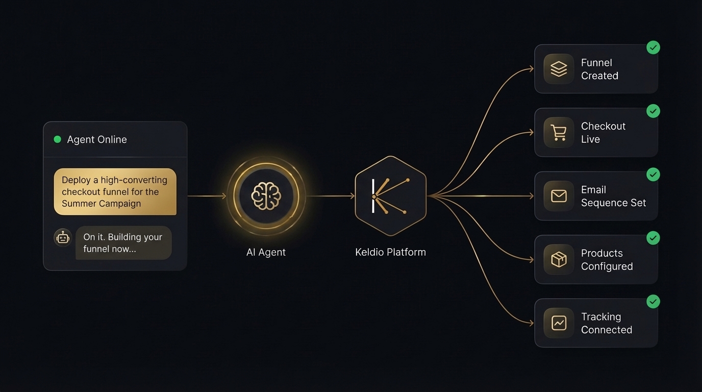 Agent flow: request to AI agent to Keldio platform to completed tasks