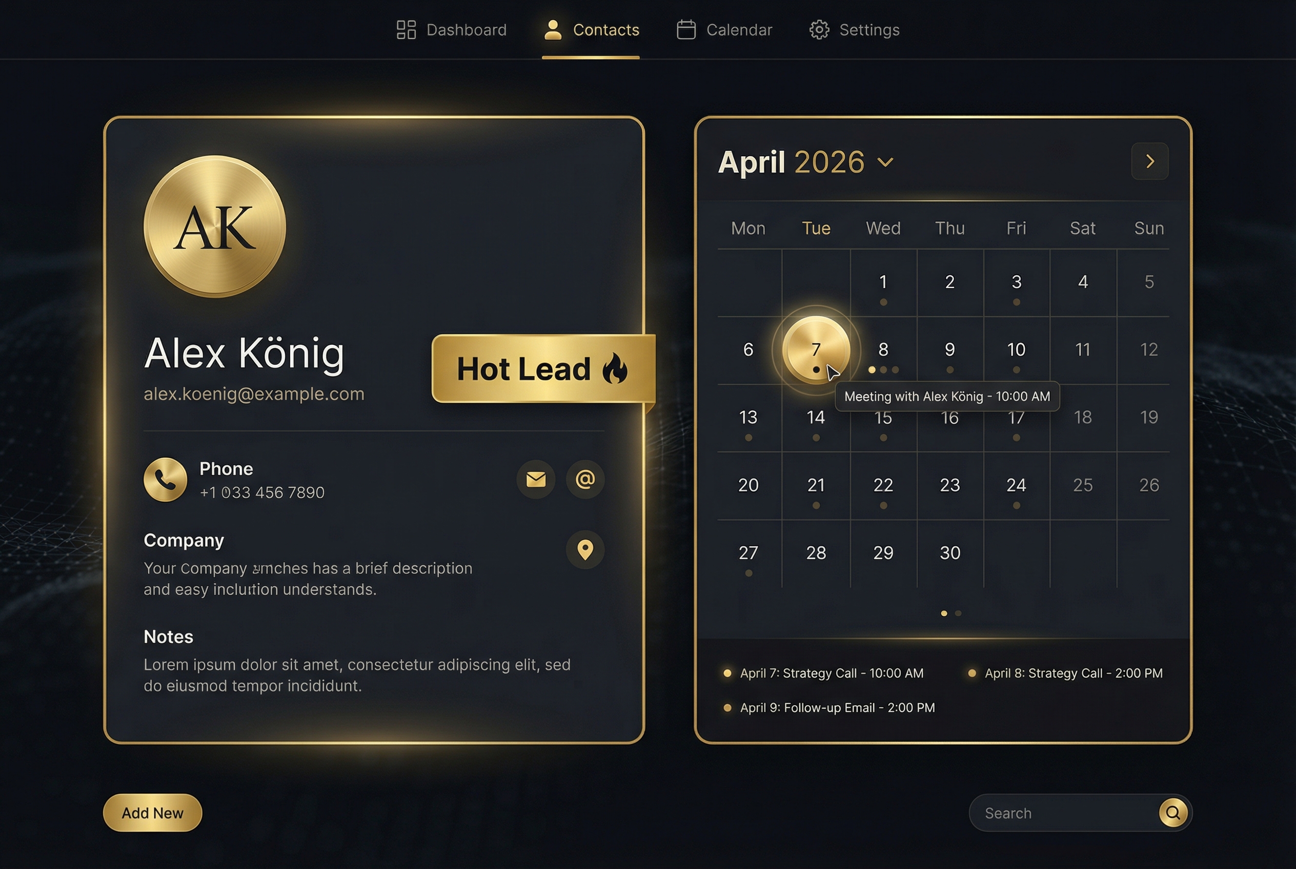 CRM contact card and calendar